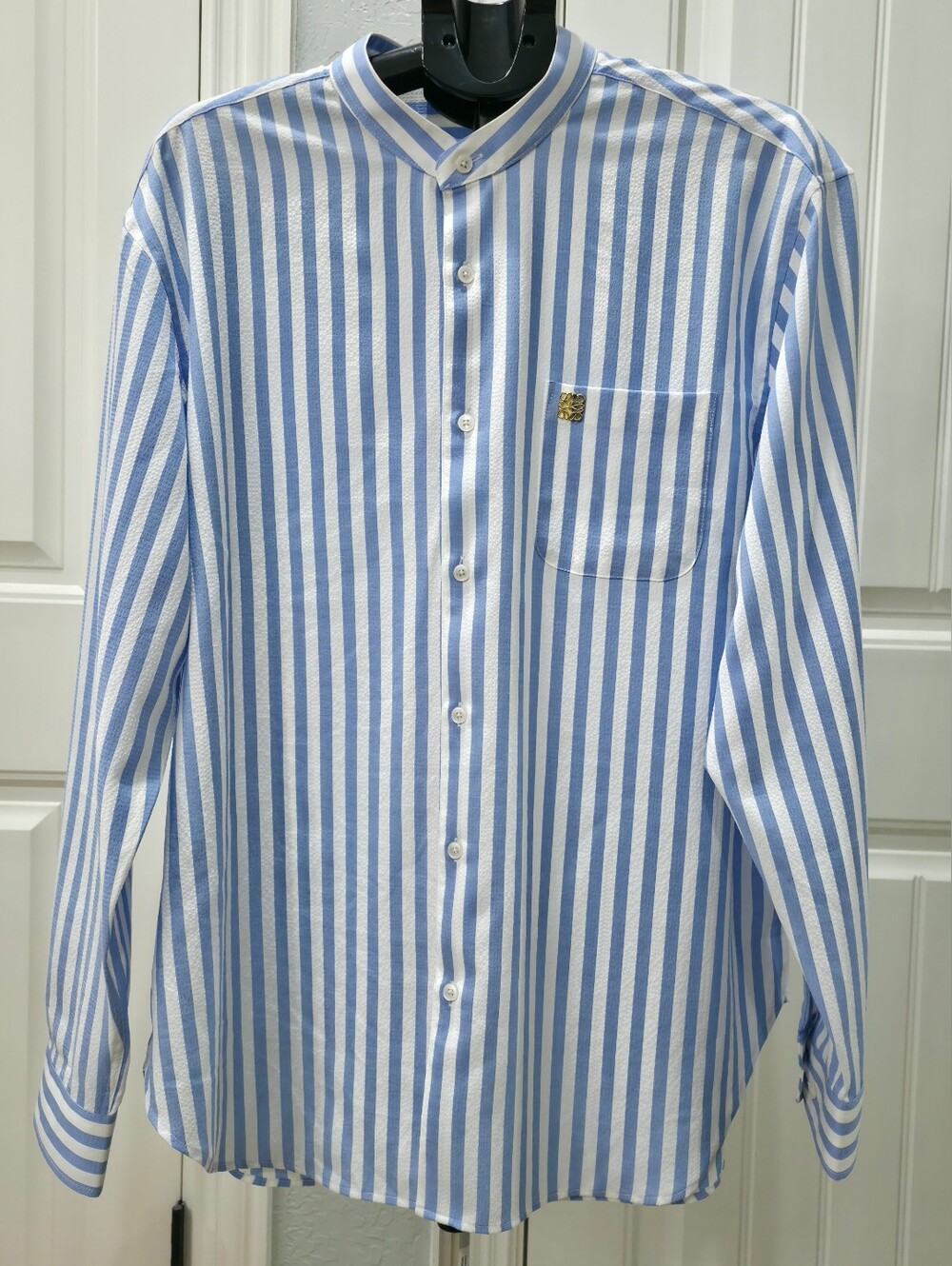 Loewe Light Blue & White Vertical Stripe Band-Collar Shirt